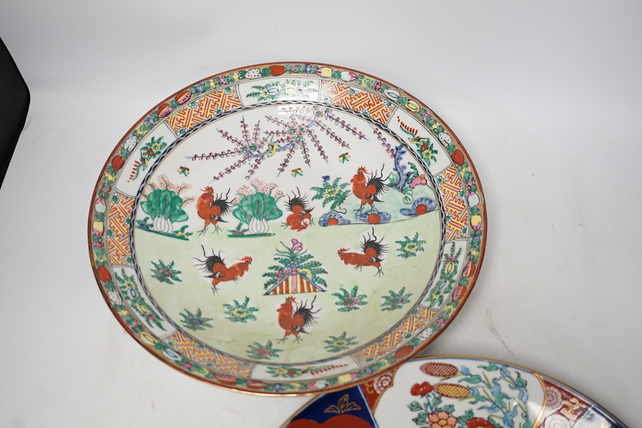 An Imari dish and a Chinese 'chicken' dish, chicken dish 36cm diameter. Condition - good